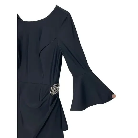 Alex Evenings Black Bell-Sleeve Draped Compression Sheath Dress Size 6 - Picture 6 of 7
